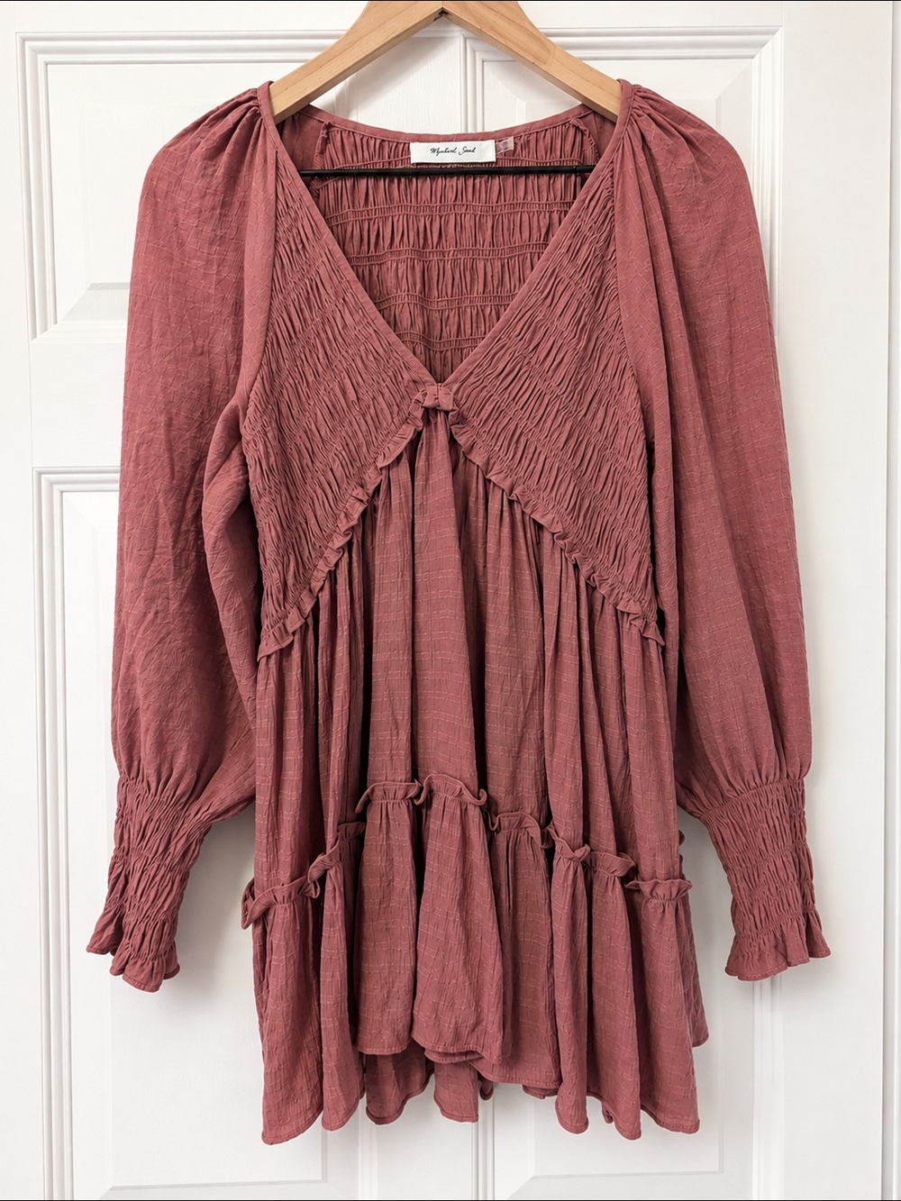 Mustard Seed Dusty Rose Smocked V-Neck Peasant Top